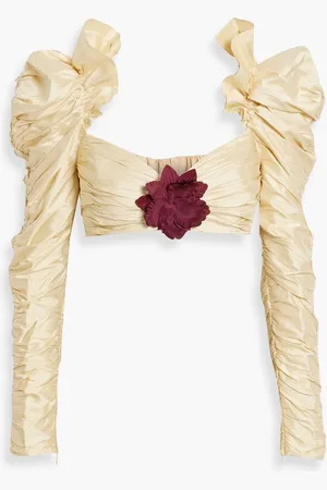 ZIMMERMANN Cropped ruched silk-shantung top - Neutral