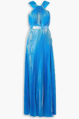 Semsem Cutout silk and Lurex-blend plissé-lamé halterneck gown - Blue