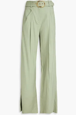 VERONICA BEARD Rimini belted pleated linen-blend wide-leg pants - Green