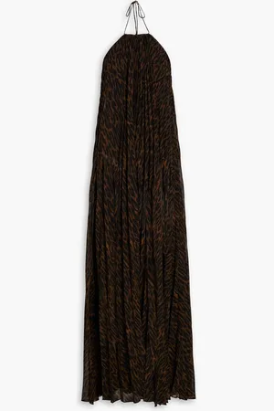 Halston Heritage Mariana pleated leopard-print georgette halterneck gown
