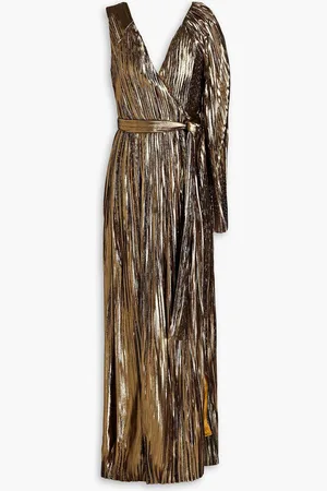 Semsem One-sleeve pleated silk-blend lamé wrap gown - Metallic