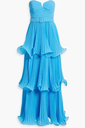 Badgley Mischka Strapless tiered plissé-chiffon gown - Blue