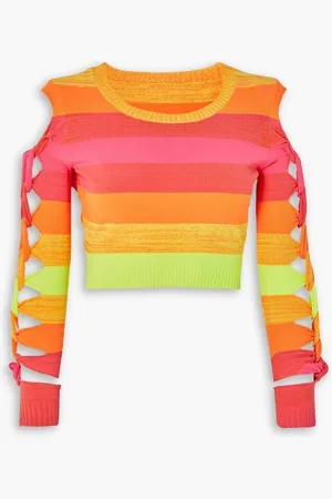 AGR Cropped cutout striped stretch-knit top - Orange
