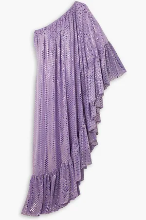 HALPERN One-sleeve polka-dot chiffon maxi dress - Purple