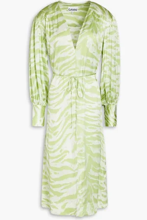 Ganni Tiger-print silk-blend satin midi dress - Green