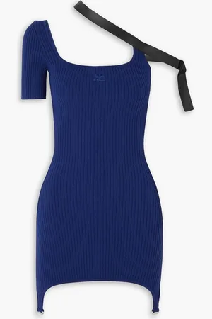 Courrèges Asymmetric faux leather-trimmed embroidered ribbed-knit mini dress - Blue
