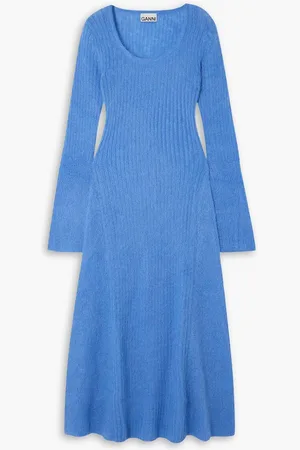 Ganni Ribbed brushed mohair-blend midi dress - Blue