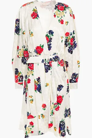 Tory Burch Belted floral-print silk-satin jacquard dress - White
