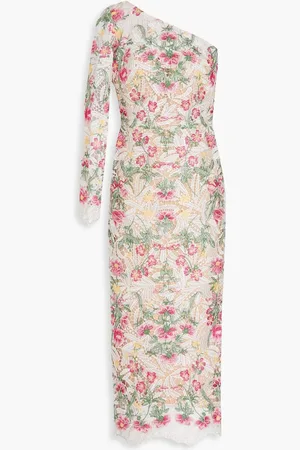 Marchesa Notte One-sleeve embroidered macramé lace midi dress