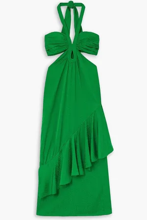 JOHANNA ORTIZ Balladist ruffled cutout satin-jacquard halterneck midi dress - Green