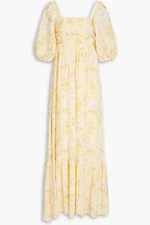 by Ti Mo Ruched floral-print crepe de chine maxi dress - Yellow