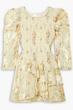 LOVESHACKFANCY Greenwich embellished shirred floral-print lamé mini dress - Metallic