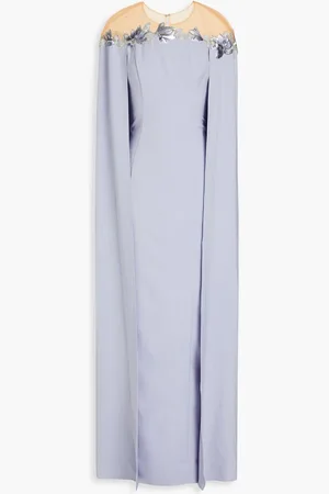 Marchesa Notte Cape-effect embellished crepe gown - Purple