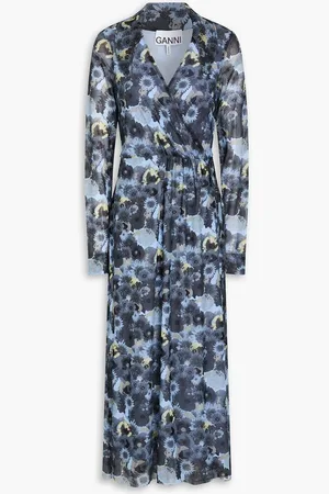Ganni Floral-print mesh midi wrap dress - Blue