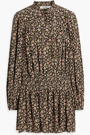 Joie Essex shirred floral-print silk crepe de chine mini dress - Brown