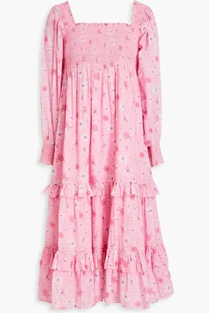LOVESHACKFANCY Miri smocked floral-print cotton-gauze midi dress - Pink