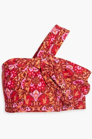 AMUR One-shoulder cropped printed woven top