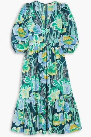 EMPORIO Loretta tiered floral-print cotton-poplin midi dress - Blue