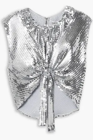 Paco rabanne Cropped tie-detailed sequined georgette top - Metallic