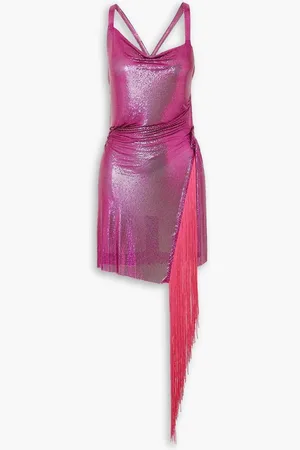 FANNIE SCHIAVONI Asymmetric fringed chainmail mini dress - Pink