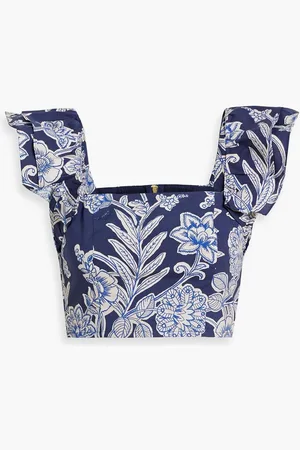 Cara Cara Darby cropped ruffled printed cotton-poplin top - Blue