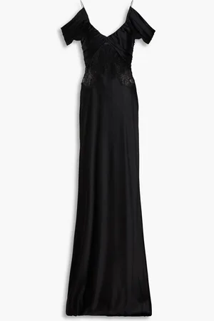 Alberta Ferretti Cold-shoulder corded lace-paneled satin gown