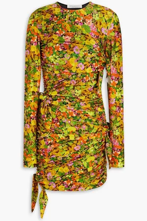 Serafini Ruched knotted floral-print stretch-jersey dress - Yellow