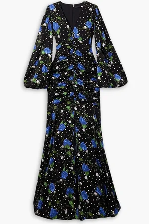 ROTATE Goldie ruched floral-print satin maxi dress