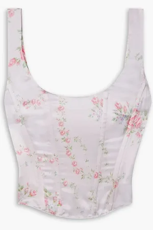 LOVESHACKFANCY Mori cropped printed silk-charmeuse bustier top - Pink