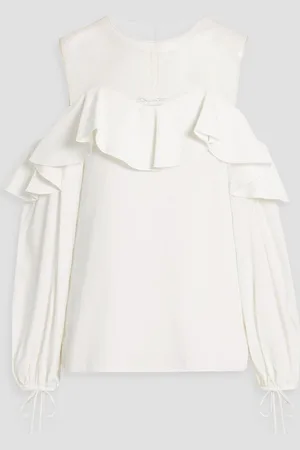 Oscar de la Renta Tulle-trimmed ruffled crepe top - White