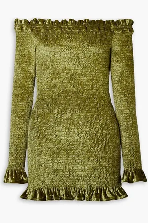 Caroline Constas Megara off-the-shoulder shirred stretch-velvet mini dress - Green