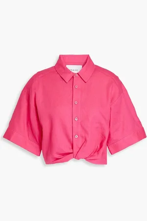 Frame Cropped twisted linen-blend shirt - Pink