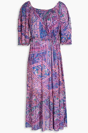 Bash Gathered printed mousseline midi dress