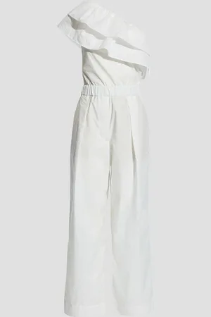 Brunello Cucinelli One-shoulder ruffled cotton-blend poplin jumpsuit