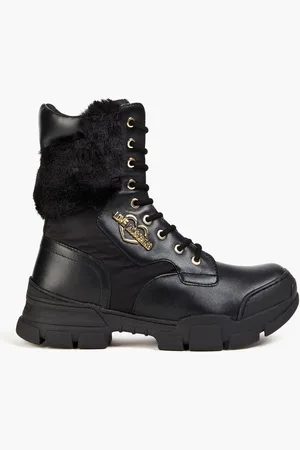 Moschino Faux fur-trimmed faux-leather combat boots