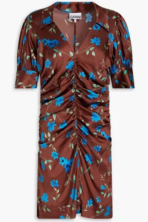 Ganni Ruched floral-print stretch-silk satin mini dress
