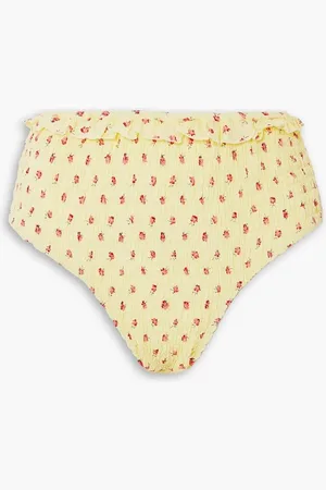 FAITHFULL THE BRAND Cassis shirred floral-print seersucker high-rise bikini briefs - Yellow