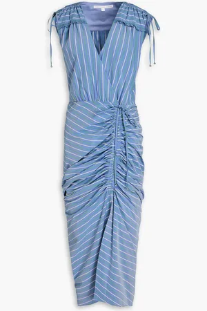 VERONICA BEARD Teagan ruched striped poplin midi dress - Blue