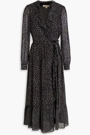 Michael Kors Ruffled leopard-print crepe midi dress - Gray