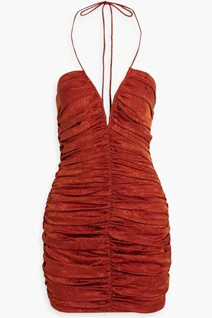RONNY KOBO Orielle ruched silk-blend jacquard halterneck mini dress - Red