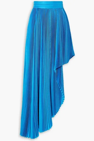 Semsem Draped asymmetric plissé silk-charmeuse maxi skirt - Blue