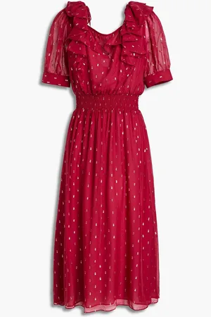 Bash Romeo ruffled metallic fil coupé georgette midi dress - Red