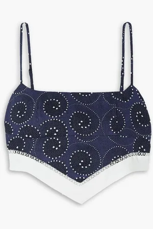 Staud Loyalty cropped lace-trimmed printed linen top - Blue
