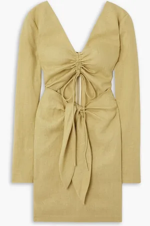 Nanushka Lace-up cutout linen mini dress - Yellow