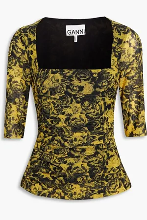 Ganni Ruched floral-print mesh top