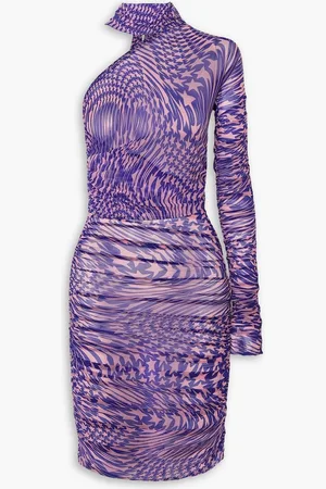 MUGLER Asymmetric tie-neck printed stretch-tulle dress