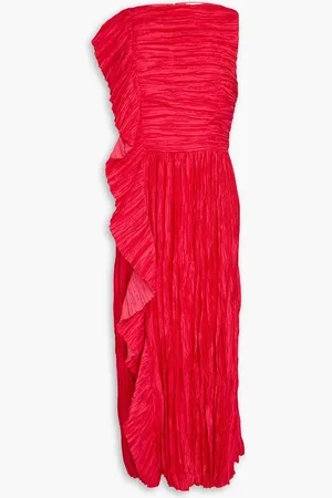 ULLA JOHNSON Circe ruffled plissé-satin midi dress - Pink