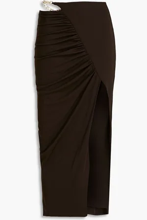 Nicholas Chain-trimmed ruched jersey midi skirt - Brown