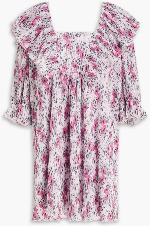 Ganni Shirred floral-print crepon mini dress - Pink