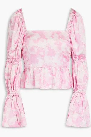 Ganni Floral-print stretch-silk sati top - Pink